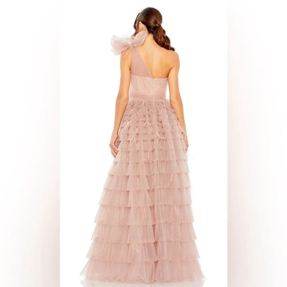 Bow feathered one shoulder ruffled evening gown - Picture 2 of 3